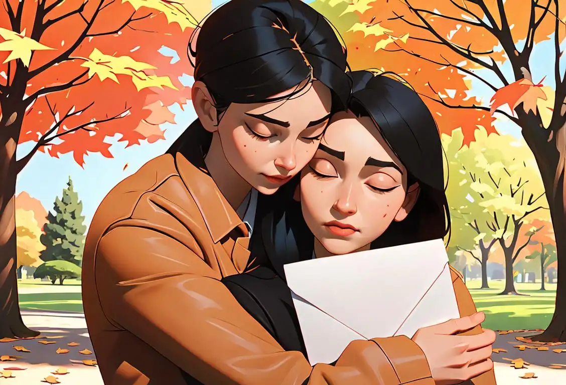 Two individuals hugging, one holding an envelope marked 'forgiveness', surrounded by a peaceful park setting with autumn leaves..