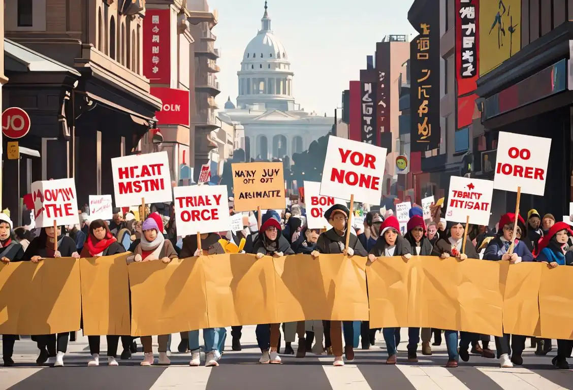 Diverse group of people holding signs and peacefully marching, wearing clothing representing various cultures and styles, urban city setting..