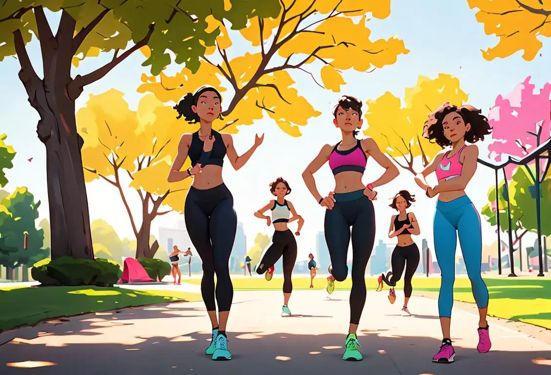 A diverse group of fitness enthusiasts, wearing colorful sports bras, doing various outdoor activities like jogging, yoga and cycling in a vibrant city park..
