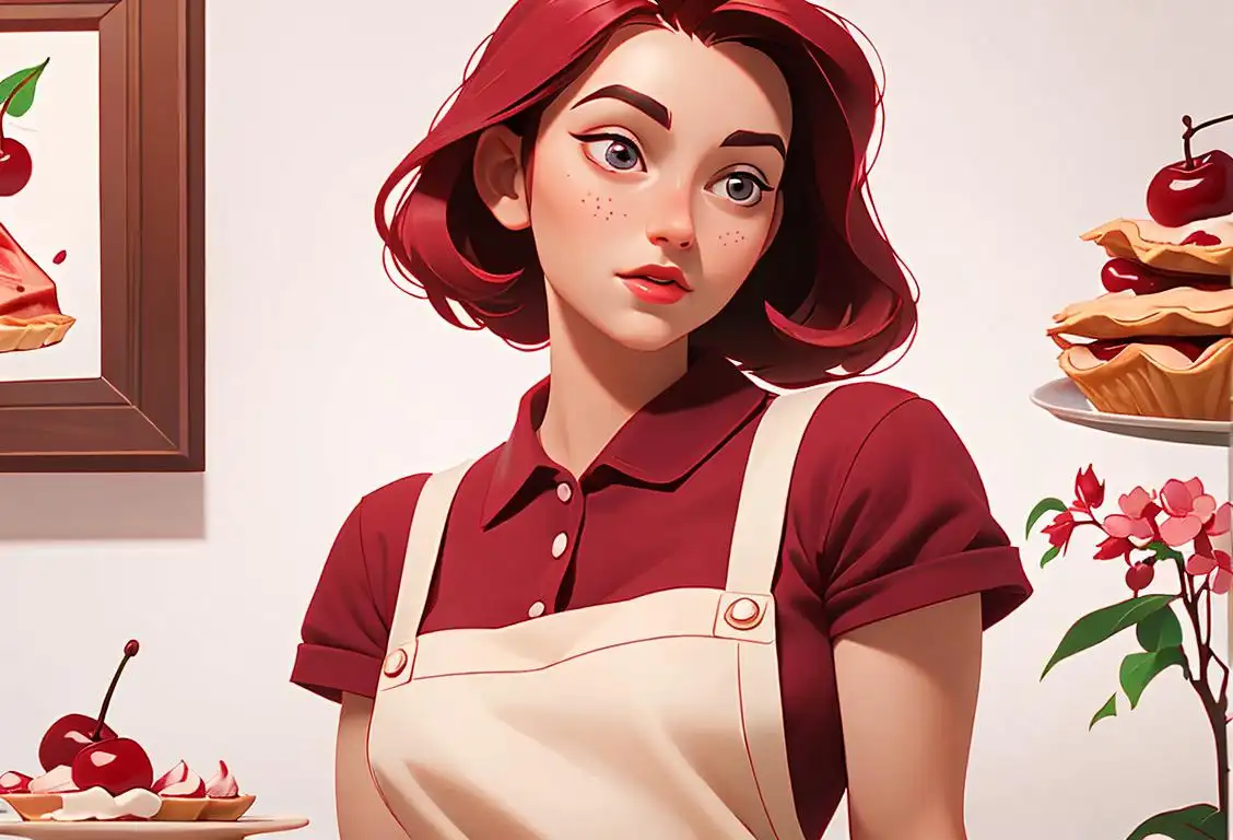 Young woman enjoying a slice of cherry pie, wearing a cute apron, retro kitchen with cherry-themed decorations..
