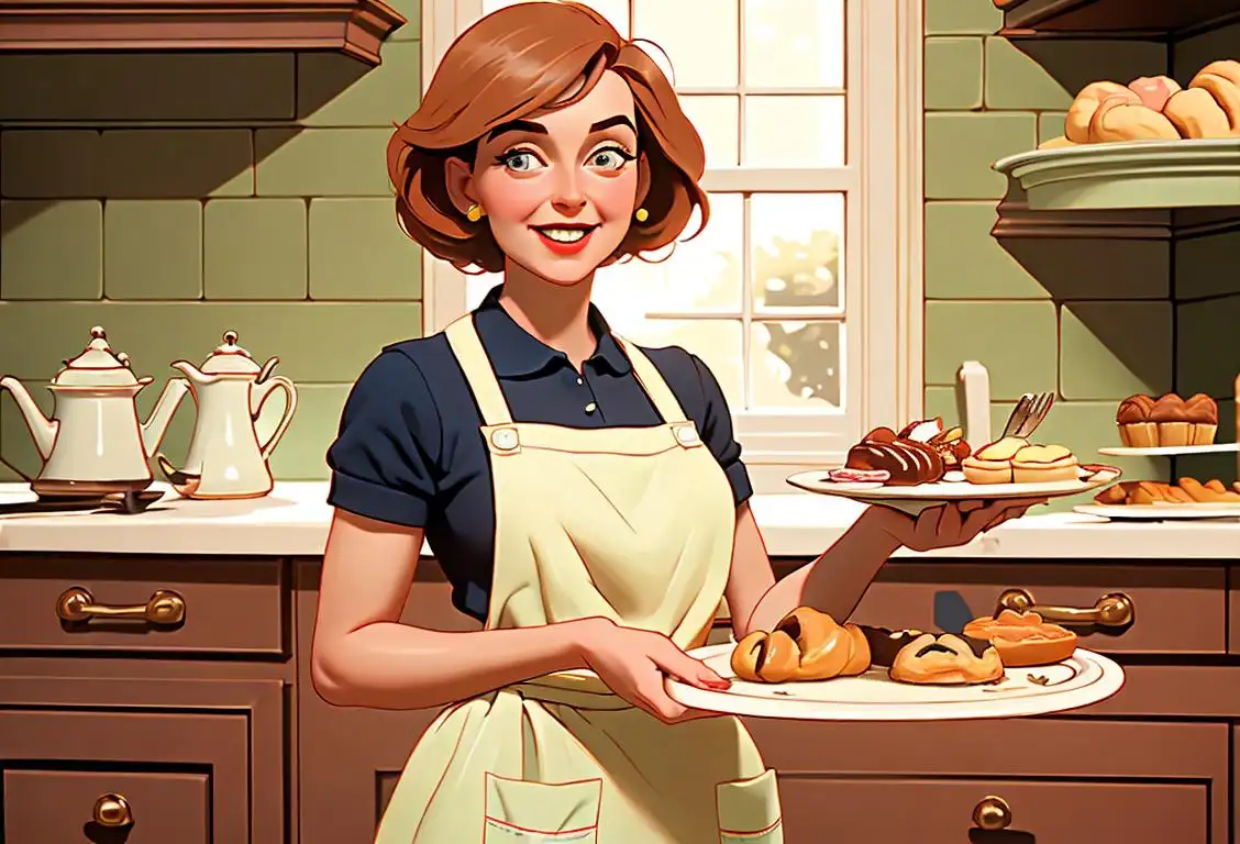 A cheerful baker, wearing a vintage-style apron, holding a tray of beautifully decorated pastries in a cozy kitchen setting..