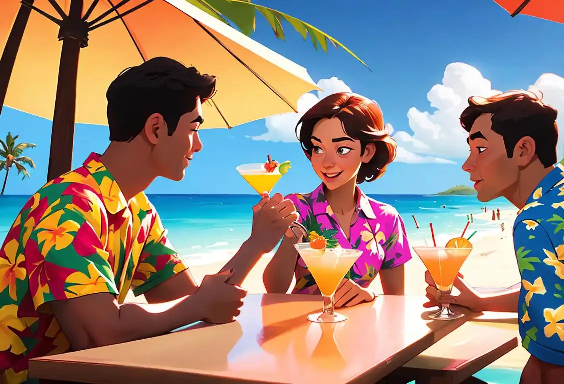 Young adults toasting with colorful cocktails, wearing Hawaiian shirts, tropical beach setting..