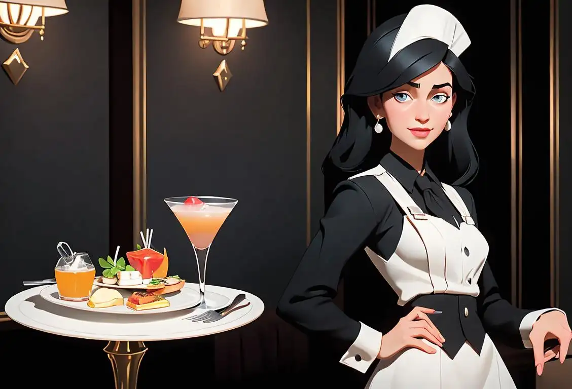 Waitress holding a tray with fancy cocktails, wearing a classic black and white uniform, elegant restaurant setting..