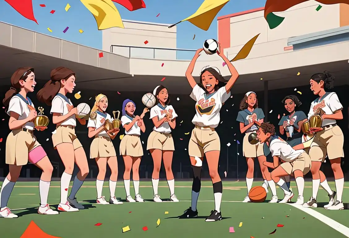 A diverse group of student athletes in various sports uniforms, celebrating their achievements with confetti and trophies amidst a bustling school campus..
