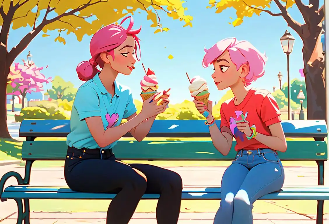Two best friends, wearing matching friendship bracelets, sharing ice cream cones on a sunny park bench..