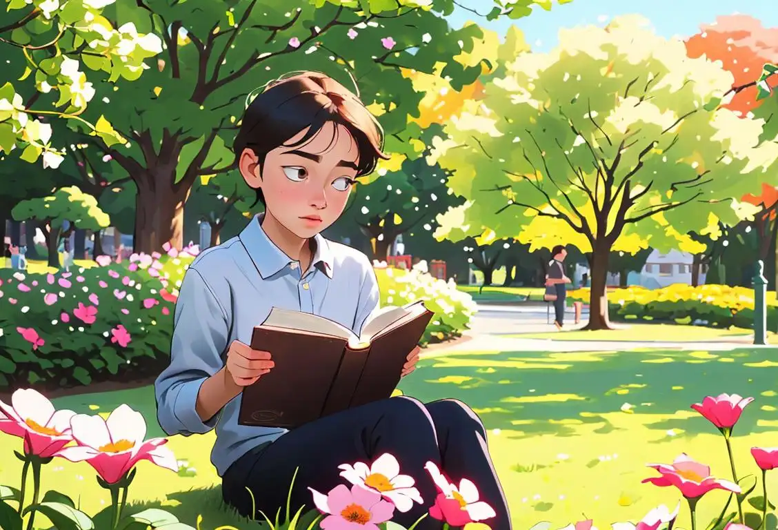 Young person holding a book, sitting in a park, surrounded by blooming flowers, with a handwritten poem sticking out of their pocket..