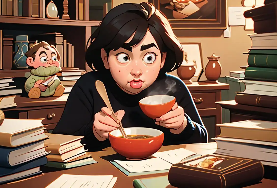 A person wearing chunky knit sweater, eating chunky soup, surrounded by piles of chunky books and artwork in a cozy library setting..