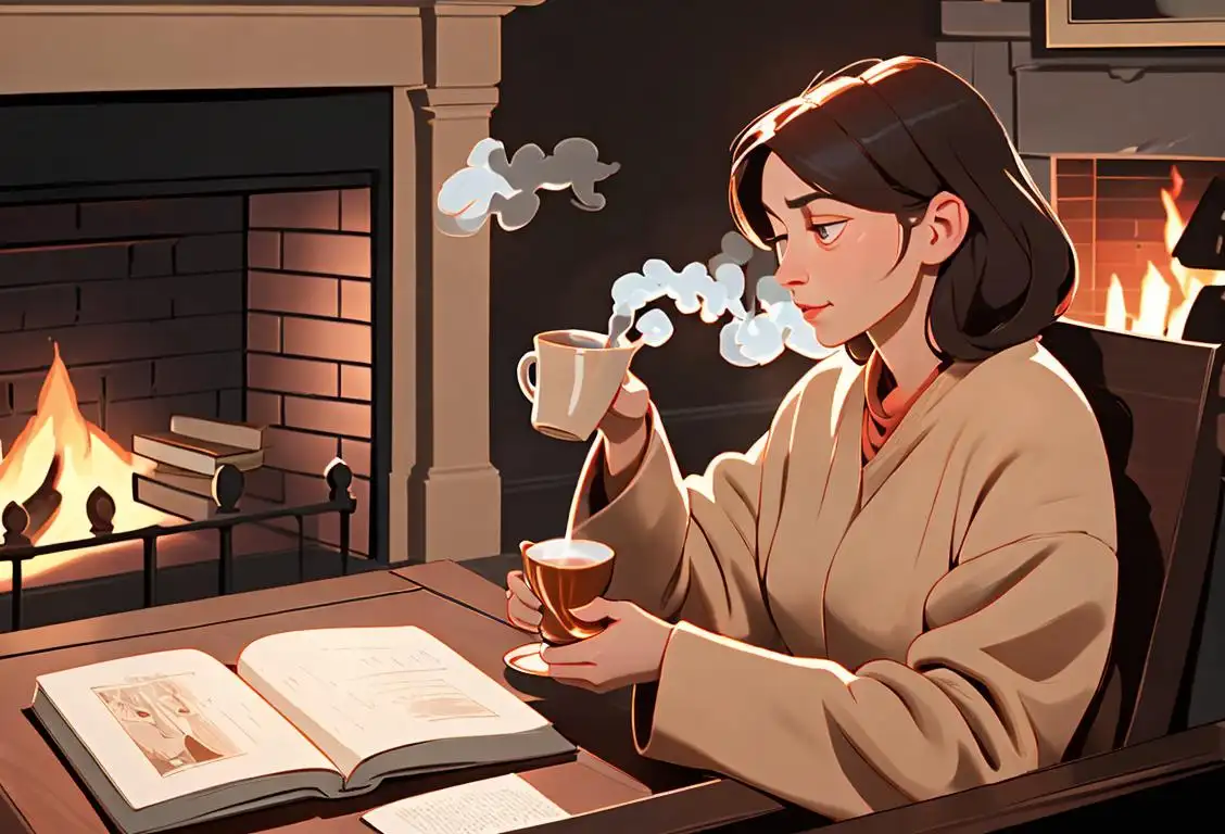 A cozy scene with a person holding a steaming cup of hot tea, sitting by a fireplace, surrounded by books and blankets..