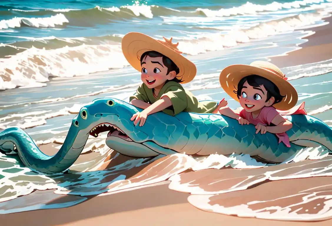 A group of happy children with wide smiles, playing near the shore, wearing beach hats, enjoying the presence of a friendly sea serpent amidst waves..