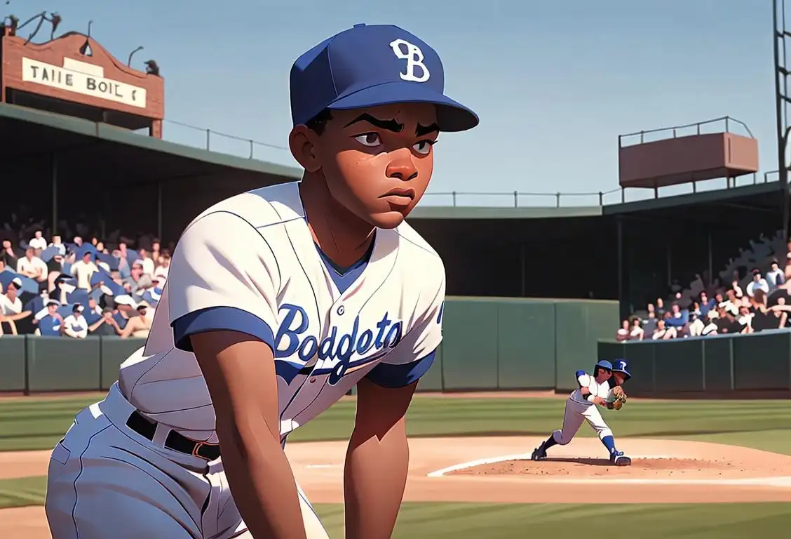 Young baseball player, wearing Brooklyn Dodgers jersey, batting with determination, baseball field backdrop..