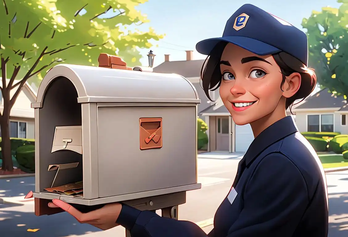 Lovingly, a mail carrier with a bright smile, delivering mail in a suburban neighborhood, wearing a classic postal uniform..