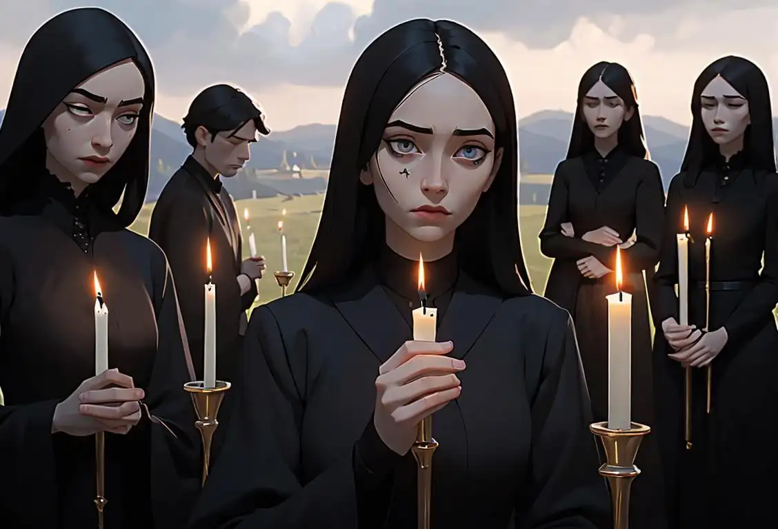 A group of people holding candles, dressed in black attire, in a serene outdoor setting..