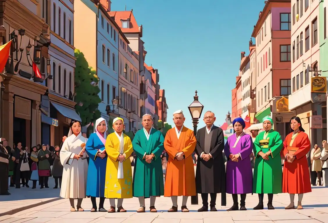 A diverse group of people from different cultures and backgrounds, all united in their resistance, wearing colorful traditional clothing and standing together in a bustling city square..