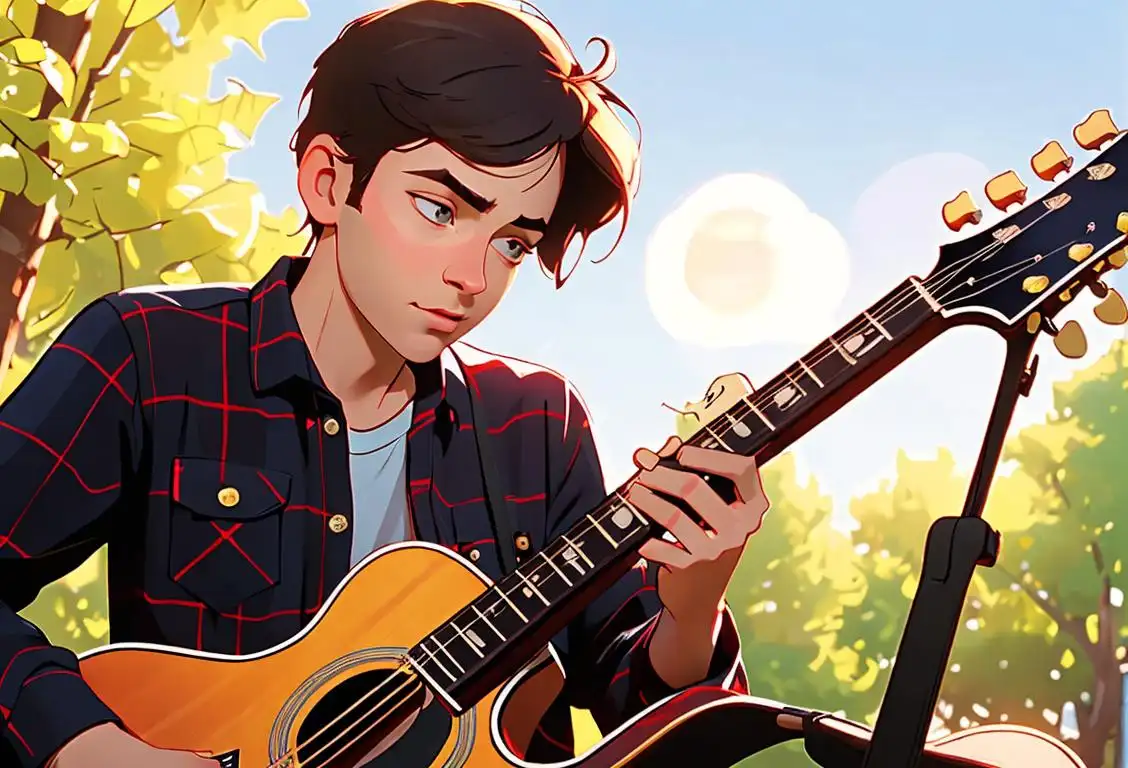 Person playing guitar, wearing a plaid shirt, surrounded by nature, with the sun shining..