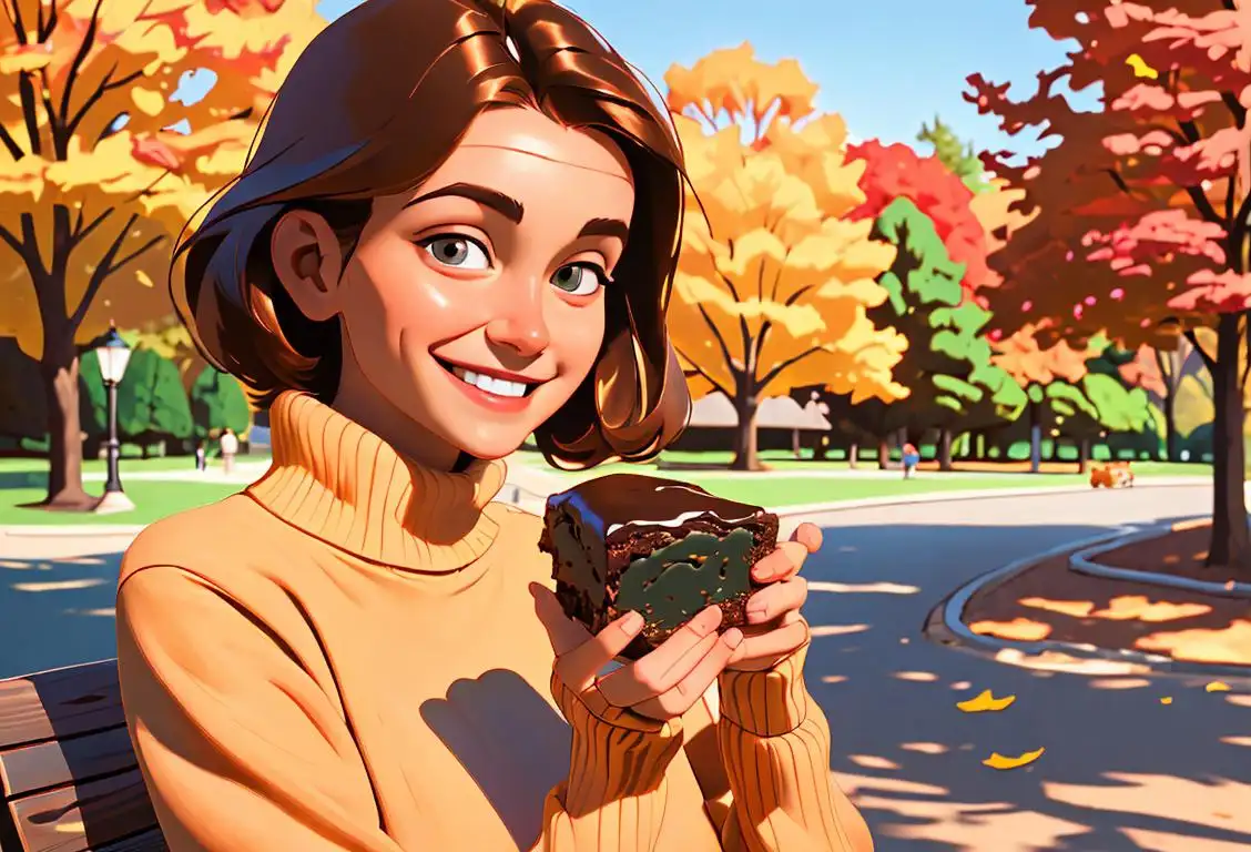 A smiling person holding a butterscotch brownie, wearing a cozy sweater, enjoying a beautiful autumn day in a park..