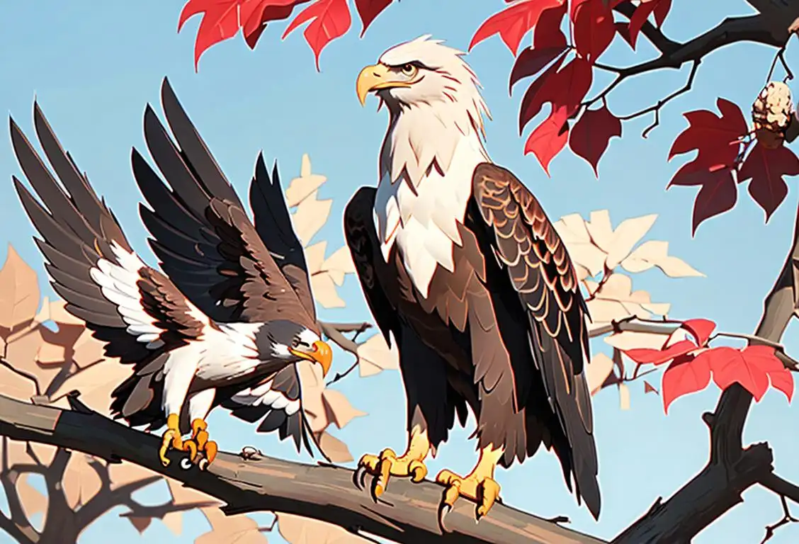 Close-up image of a majestic bald eagle perched on a branch, against a picturesque mountain backdrop.