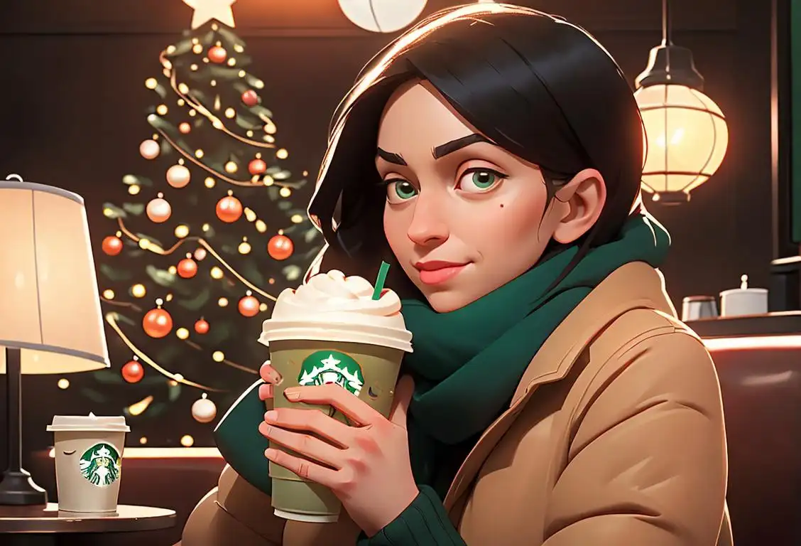 A cozy, relaxed person enjoying a warm drink in a stylish Starbucks cafe, with a cool winter outfit and festive holiday decorations in the background..