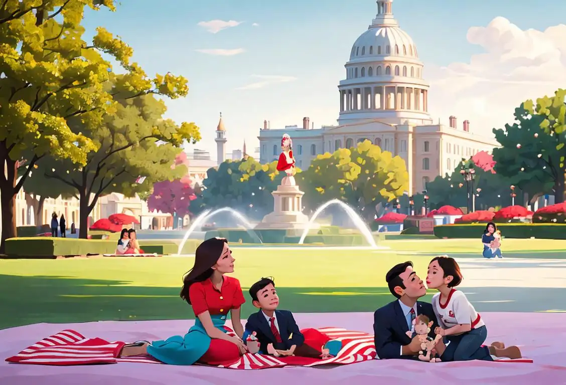 Happy family enjoying picnics, wearing patriotic outfits, in a beautiful park with iconic landmarks in the background..