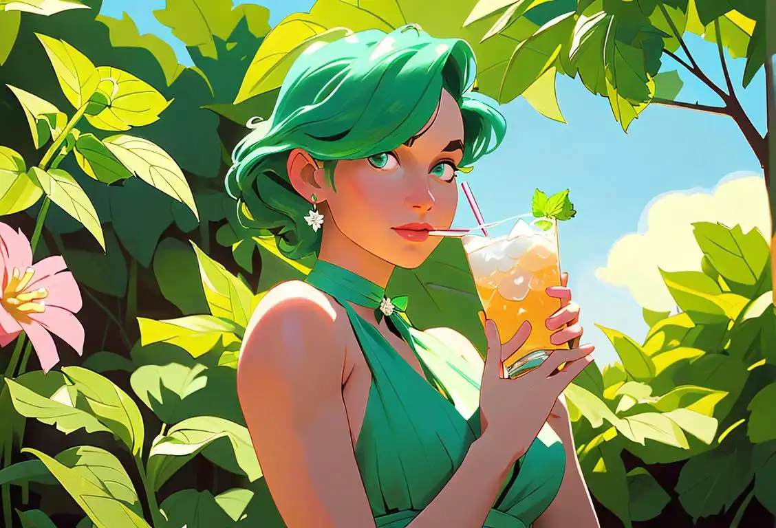 Young woman holding a frosty glass of mint julep, wearing a sundress, surrounded by a lush garden..