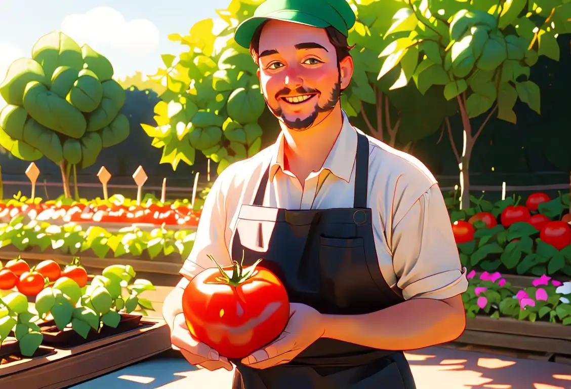 Happy person holding a tomato, surrounded by a vibrant vegetable garden, wearing a chef's hat and apron, with a sunny outdoor setting..
