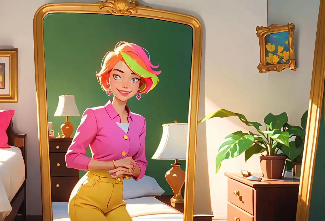 Person smiling at their reflection in a mirror, wearing a colorful outfit, in a sunny bedroom with plants..