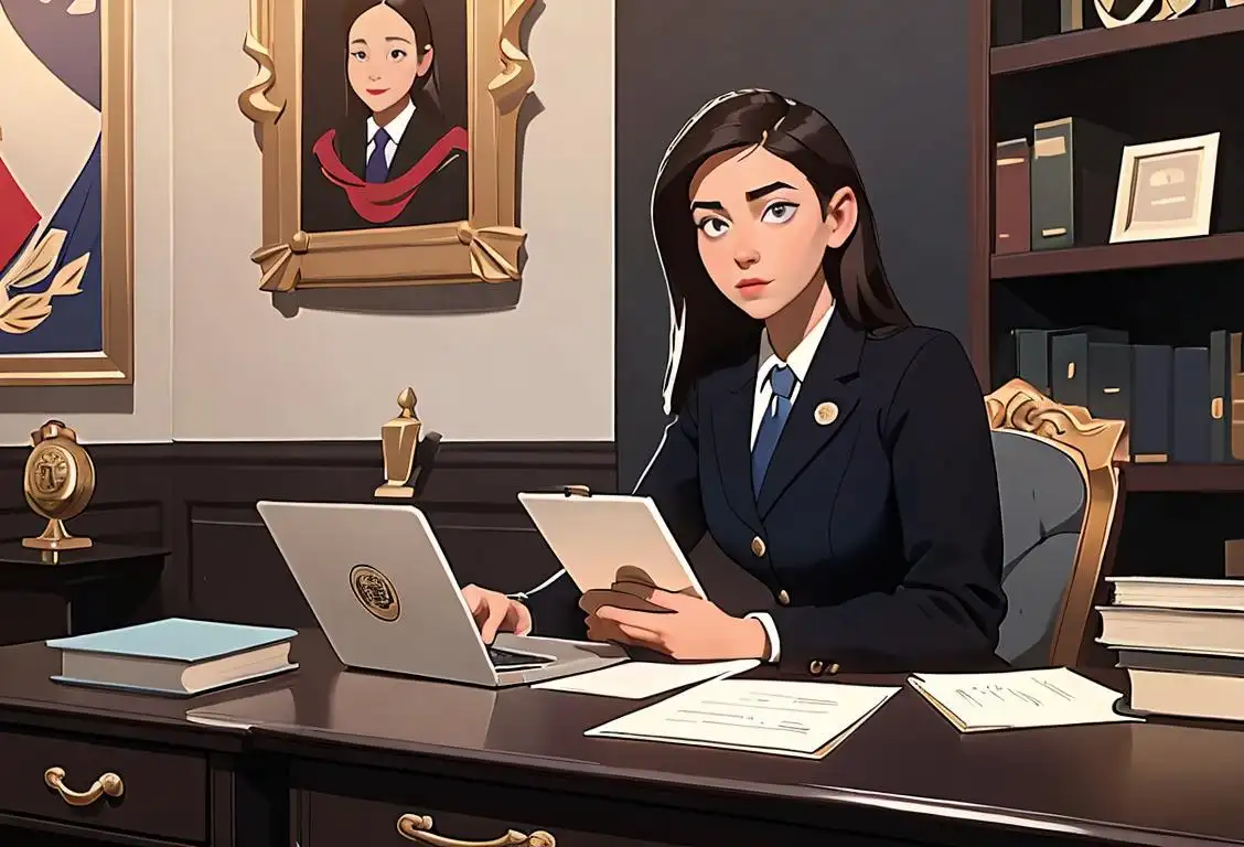 Young woman in a professional suit sitting at a desk, typing on a laptop, surrounded by shelves of books, government seal in the background..