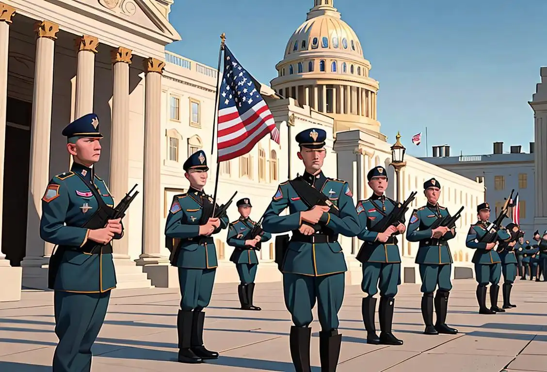 National Guard troops standing at the Capitol, wearing their uniforms, surrounded by American flags, serious and determined expressions on their faces..