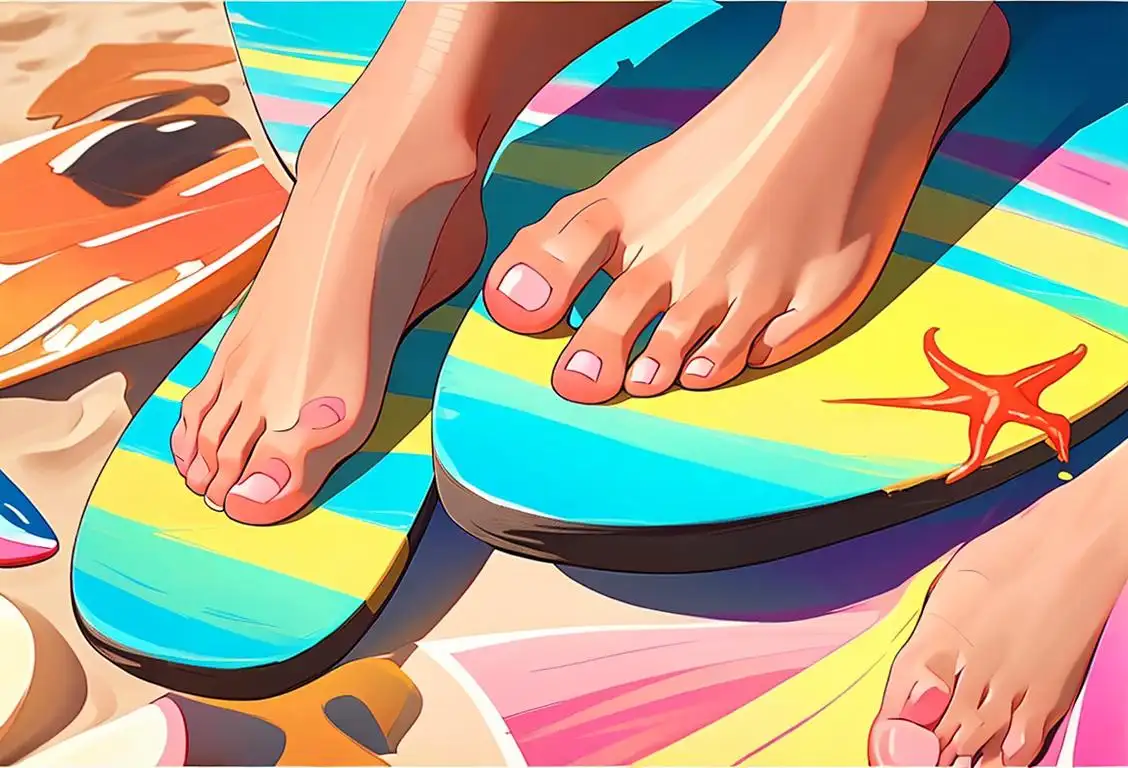 Close-up image of feet with colorful painted toenails, wearing flip-flops at a relaxing beach setting..