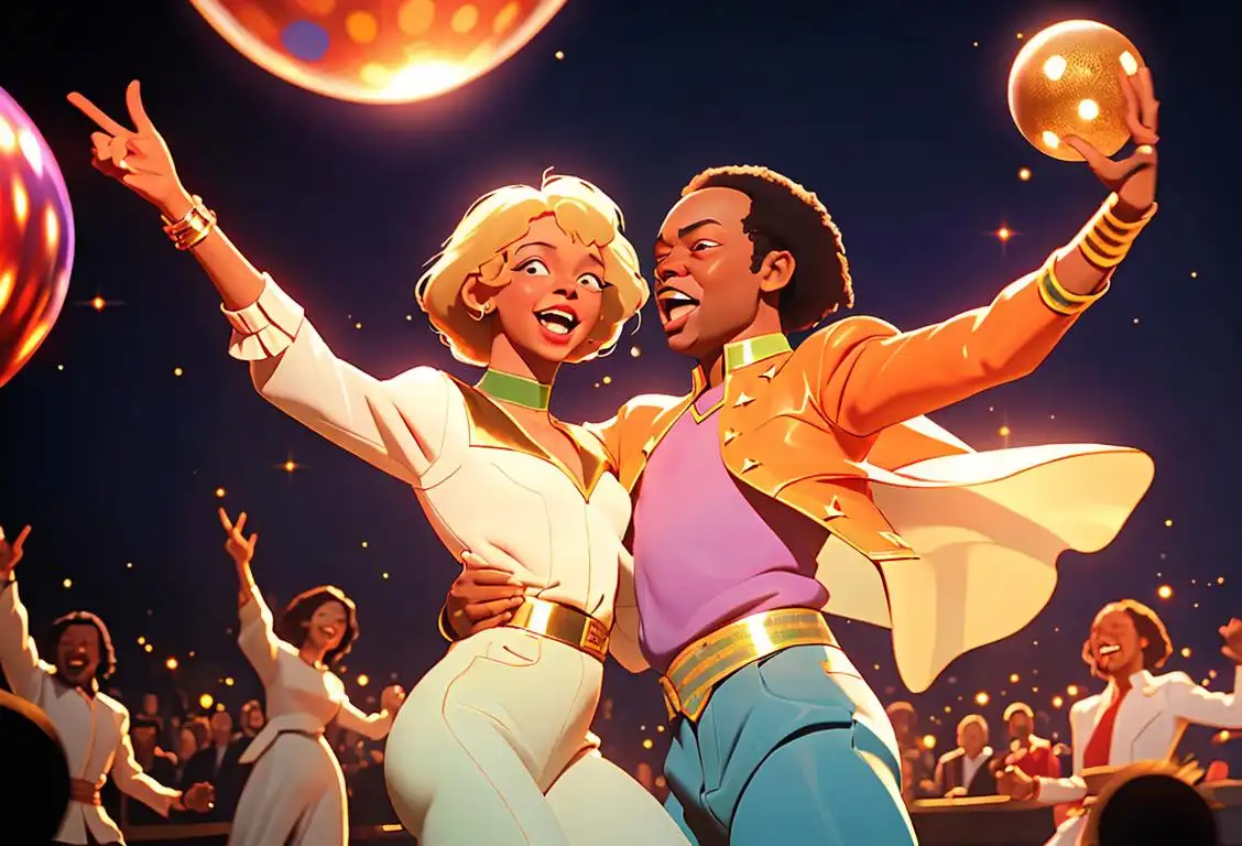 Happy people dancing in 70s attire, grooving to Earth Wind and Fire's music under a sparkling disco ball..