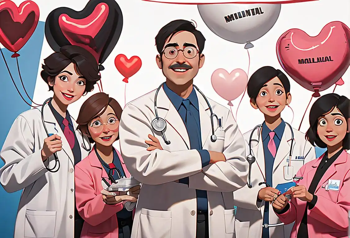Cheerful group of individuals in lab coats and stethoscopes, celebrating with balloons and a banner that says 'National Myeloma Day', surrounded by a modern medical research facility..