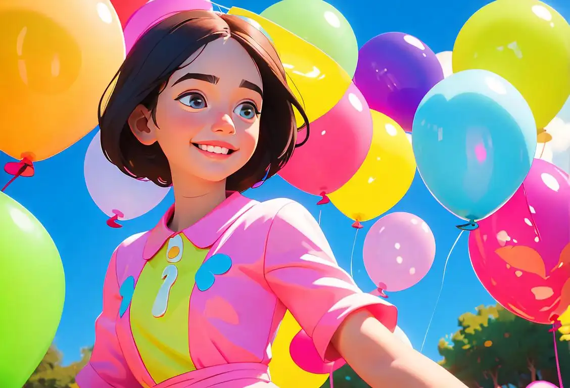 Young girl with a beaming smile, wearing a colorful dress and holding balloons, park setting with a playground in the background..