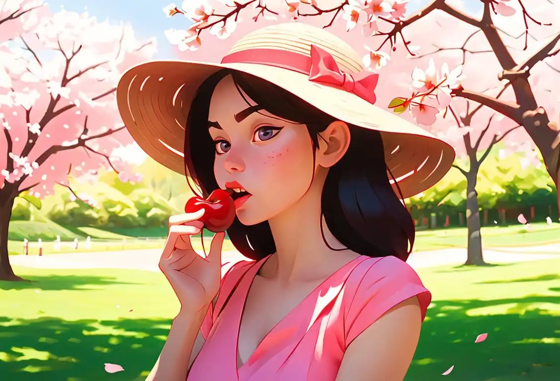 Cheerful girl biting into a juicy cherry, wearing a straw hat, summery dress, and surrounded by cherry blossoms.