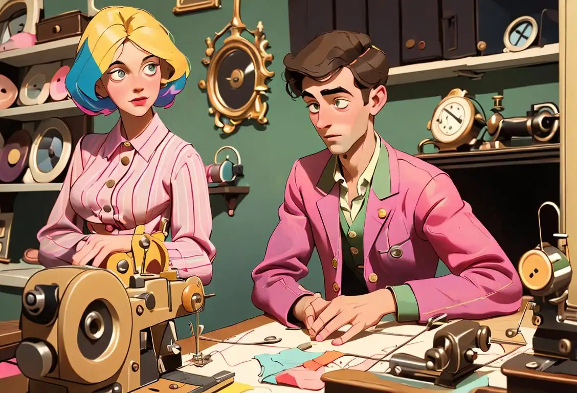 Young man and woman with colorful button-covered clothing, posing in a vintage fashion boutique, surrounded by sewing machines and tape measures..