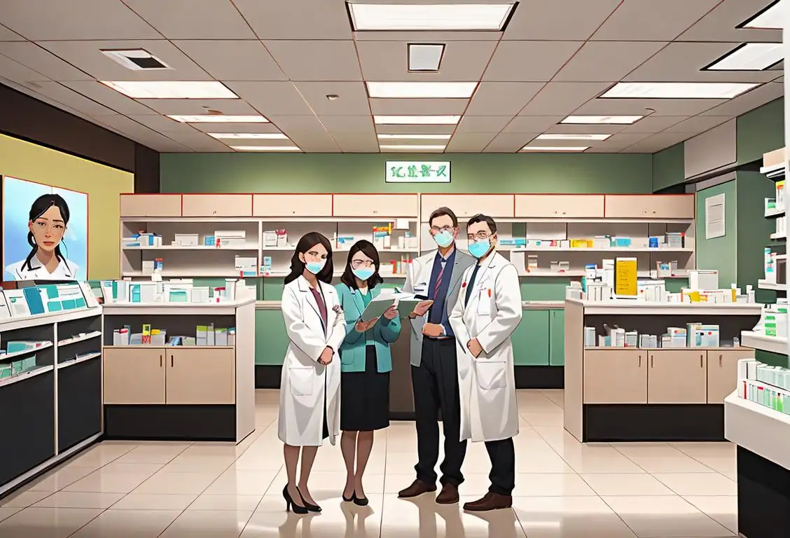 A diverse group of people wearing lab coats, each holding a prescription bottle, standing in front of a pharmacy counter..