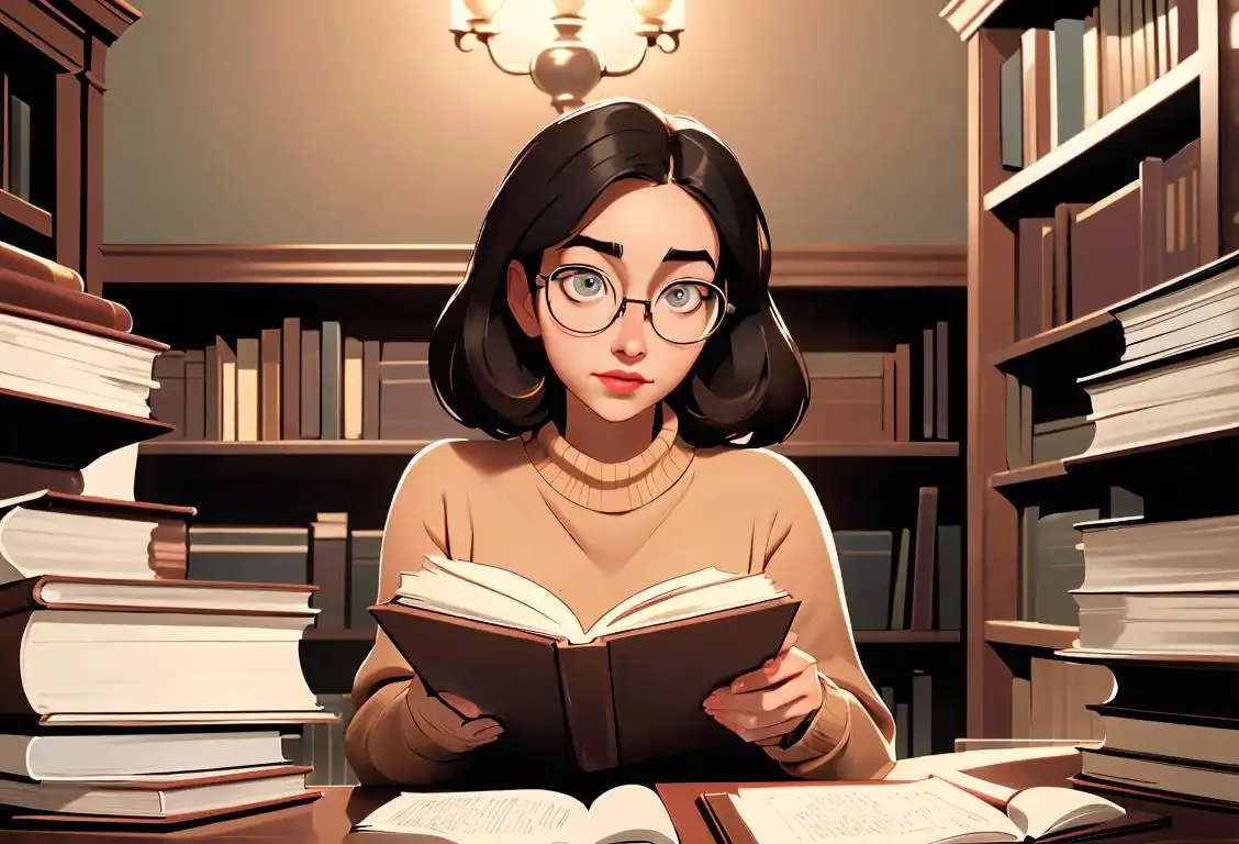 A bookish young woman, wearing glasses and a cozy sweater, surrounded by stacks of books in a charming library setting..