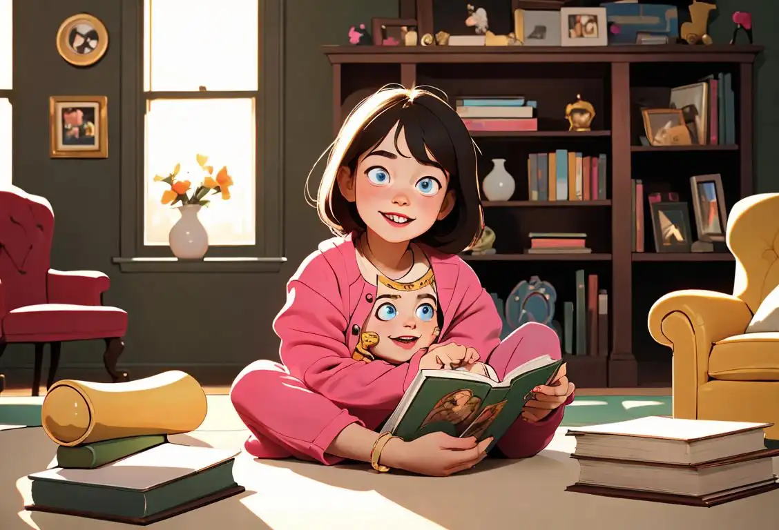 A happy only child, wearing a trendy outfit, surrounded by books in a cozy, well-decorated room..