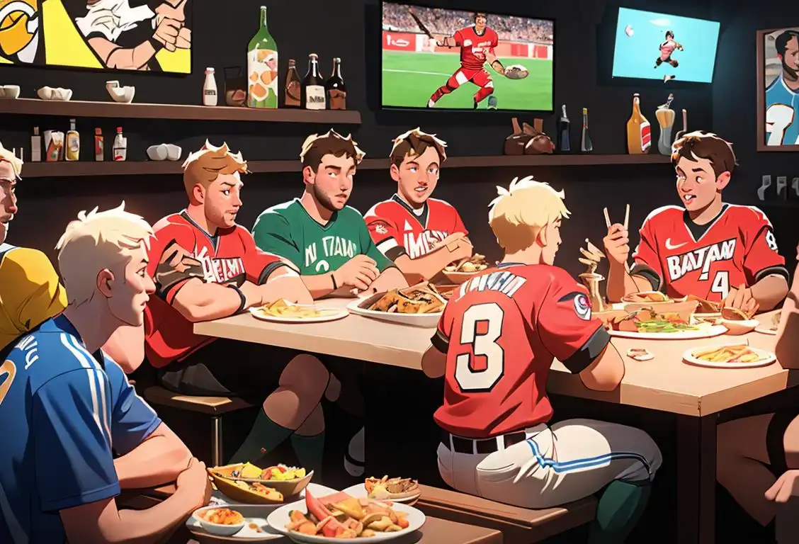 Group of friends enjoying a messy feast, wearing sports jerseys, vibrant sports bar setting with trophies and memorabilia..