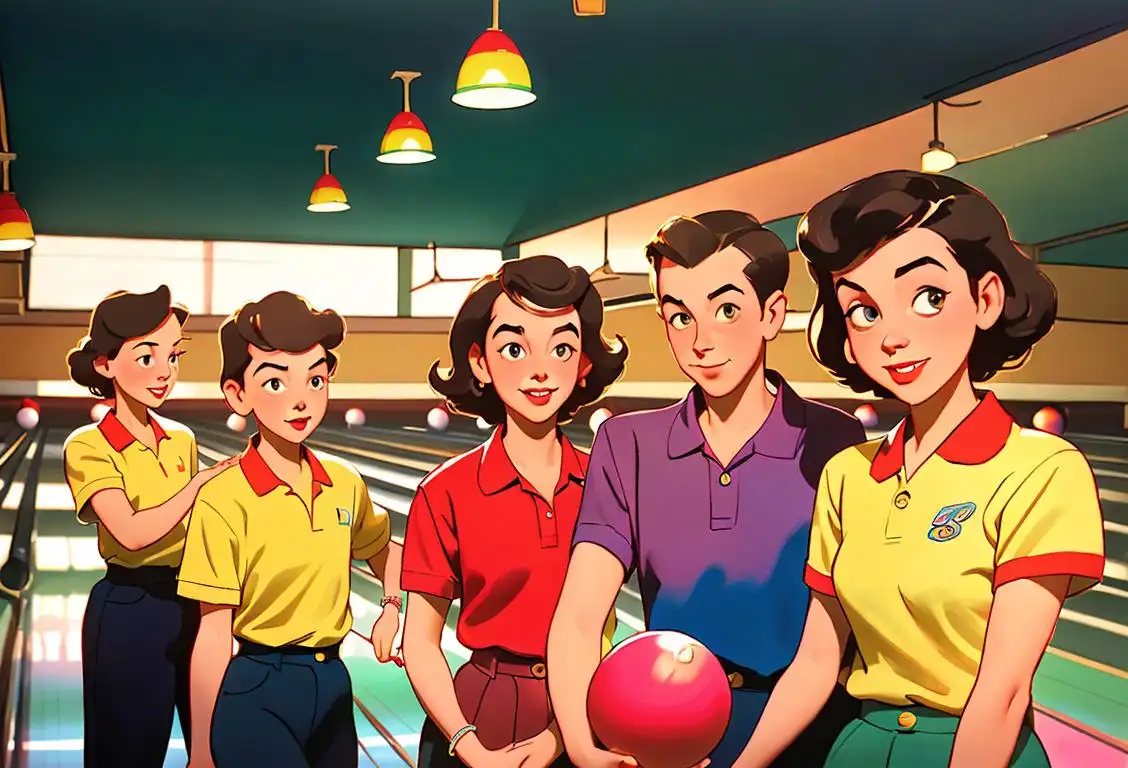 Family of four wearing matching bowling shirts, 1950s retro fashion, brightly lit bowling alley with colorful pins and balls..