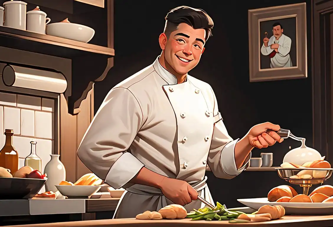 A smiling chef holding a bottle of vinegar, wearing a crisp white chef's coat, surrounded by a bustling kitchen scene..