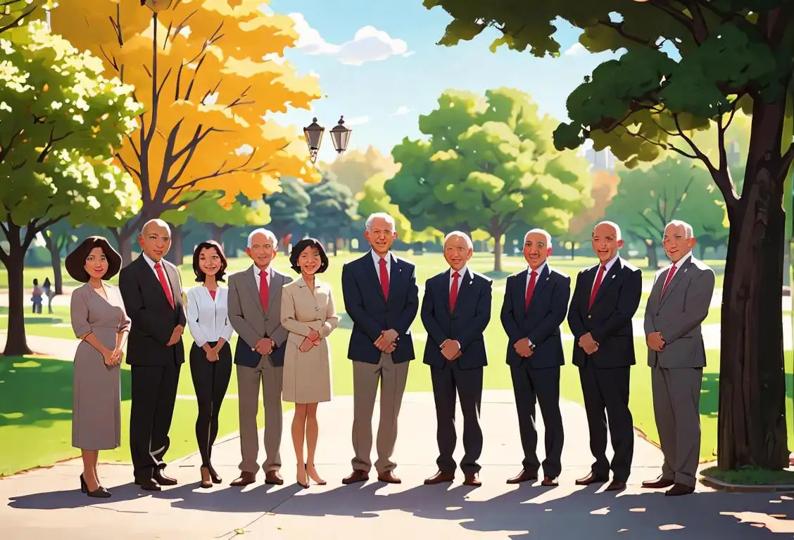 A diverse group of individuals, representing different ages and backgrounds, standing together and smiling, wearing casual and professional attire, in a park setting..