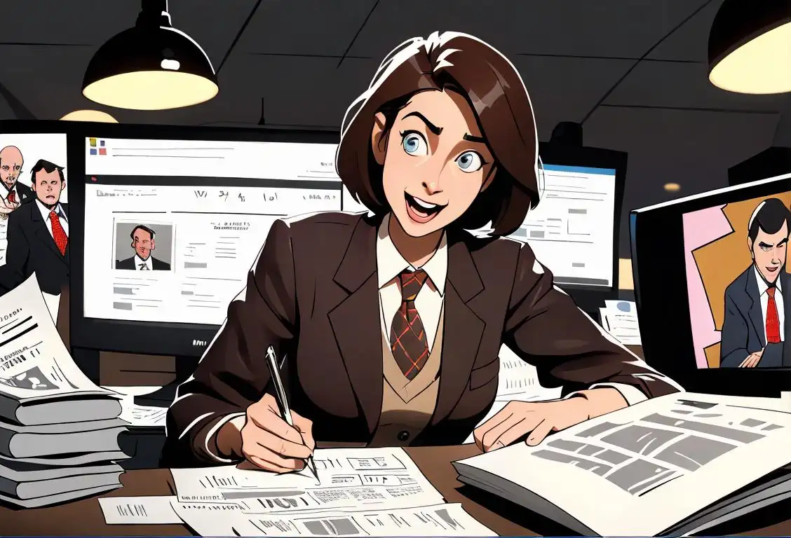 A cheerful reporter with a notepad, wearing a tweed blazer, surrounded by news headlines on a computer screen in a bustling newsroom..