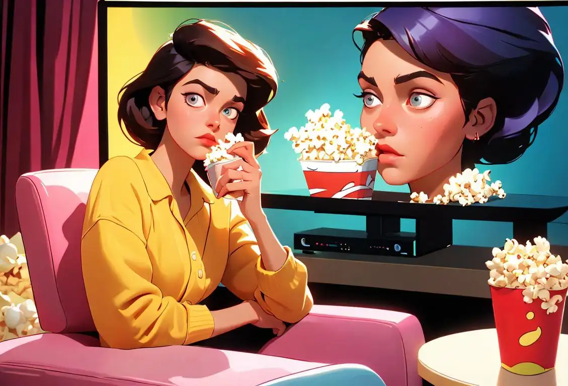 Young woman sitting in front of a TV, holding a bowl of popcorn, 80s fashion, retro living room setting..