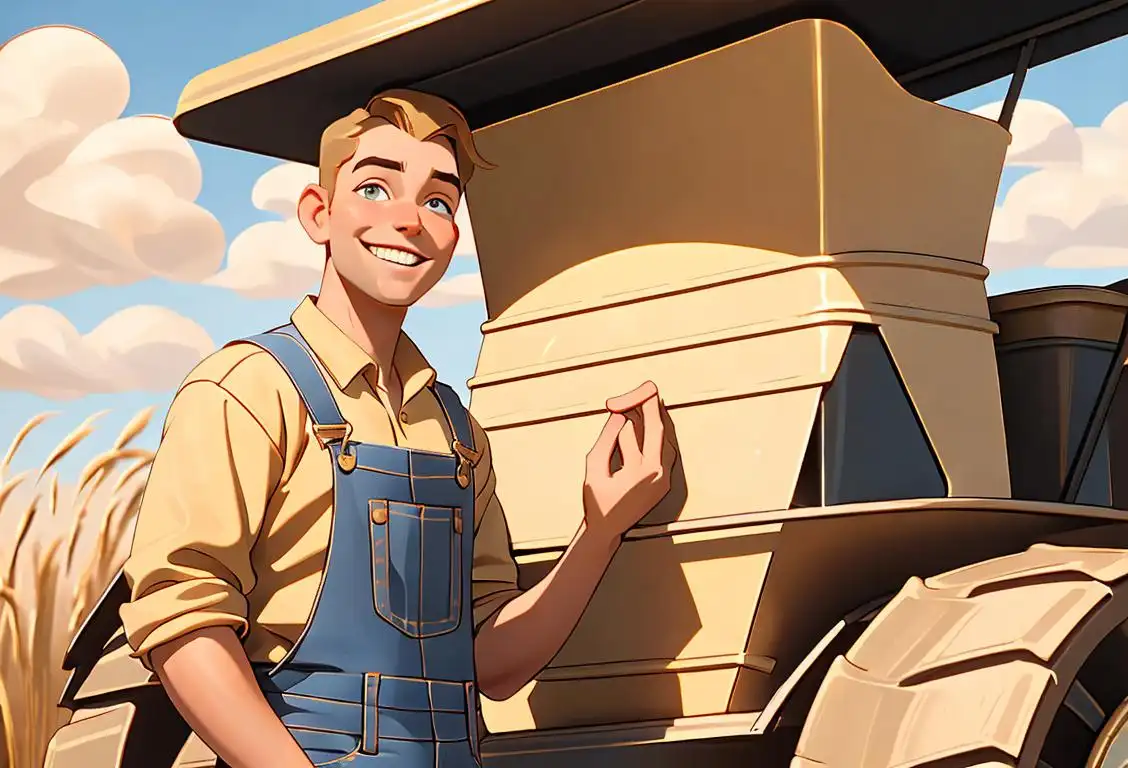 Grain cart guy with a friendly smile, wearing denim overalls, surrounded by golden fields on a sunny day..