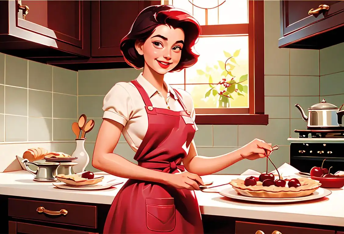 Smiling woman in a vintage cherry-themed apron, holding a freshly baked cherry pie, kitchen scene filled with retro decor..