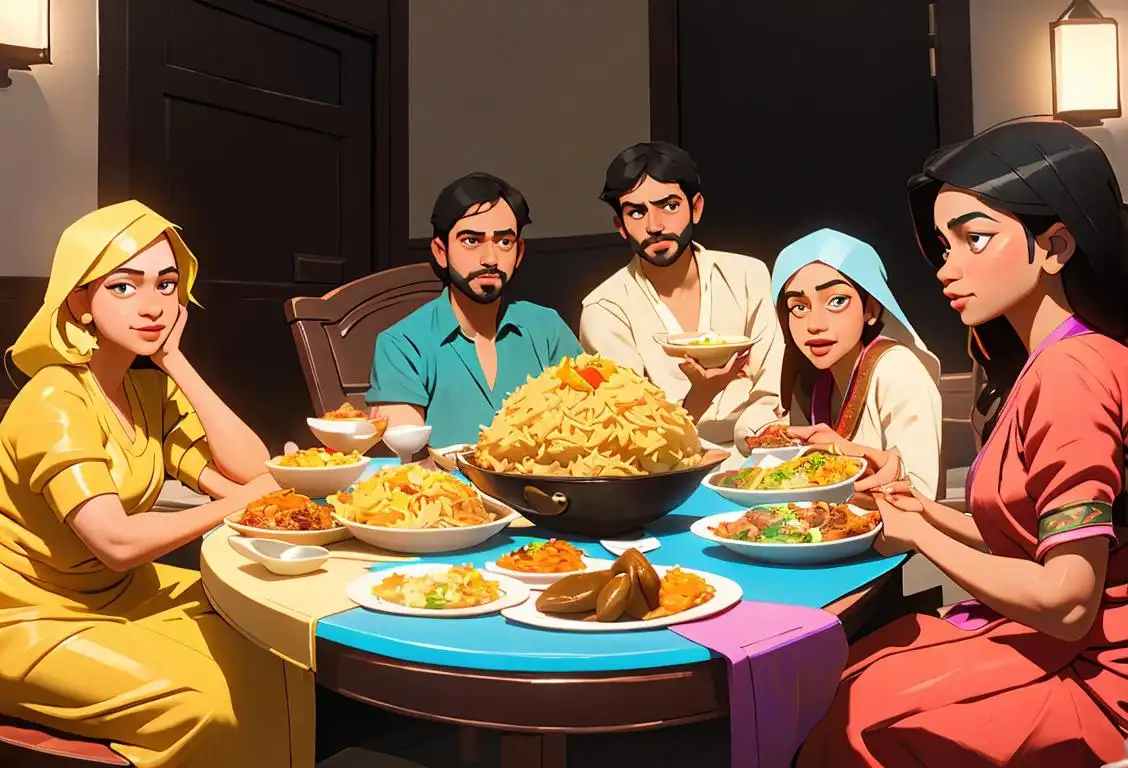 A diverse group of people sitting around a table, enjoying a colorful and aromatic plate of biryani, with different traditional clothing styles and cultural settings..