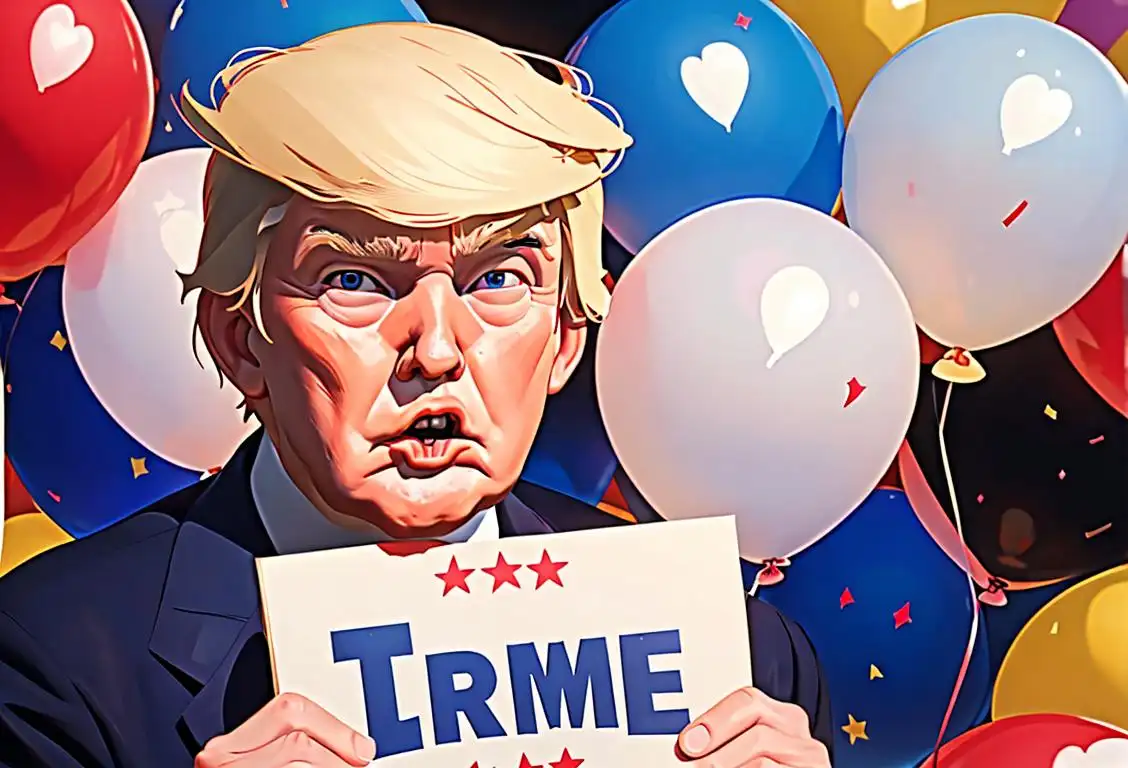 A delightful image of a person in patriotic attire, holding a 'not my president' sign, surrounded by balloons and confetti..