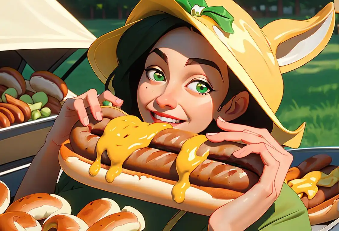 Happy woman wearing cheesehead hat, holding a bratwurst, in a green and gold decorated tailgate party..