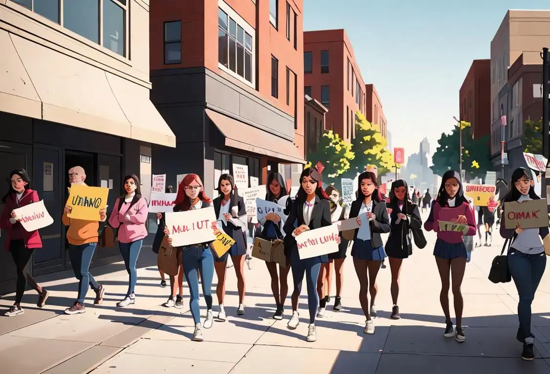 Group of diverse students holding signs and walking out of school, wearing trendy casual clothing, urban city background..