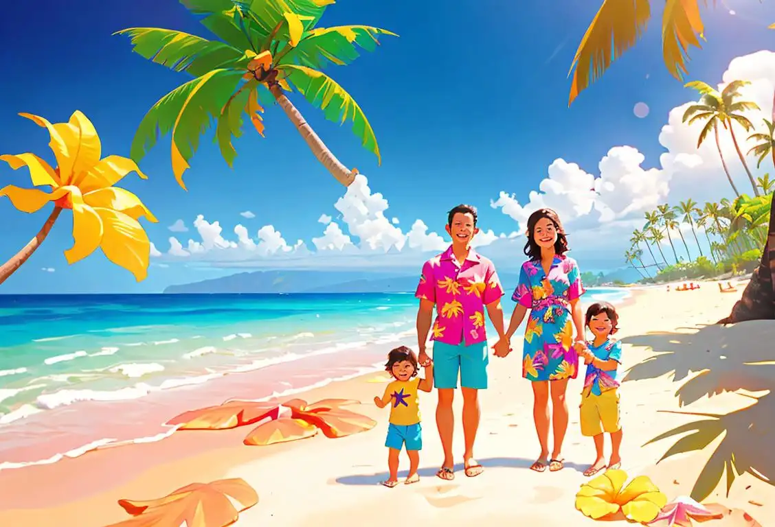 A happy family playing on a sun-soaked beach, dressed in colorful Hawaiian shirts and leis, surrounded by palm trees and crystal-clear blue water..
