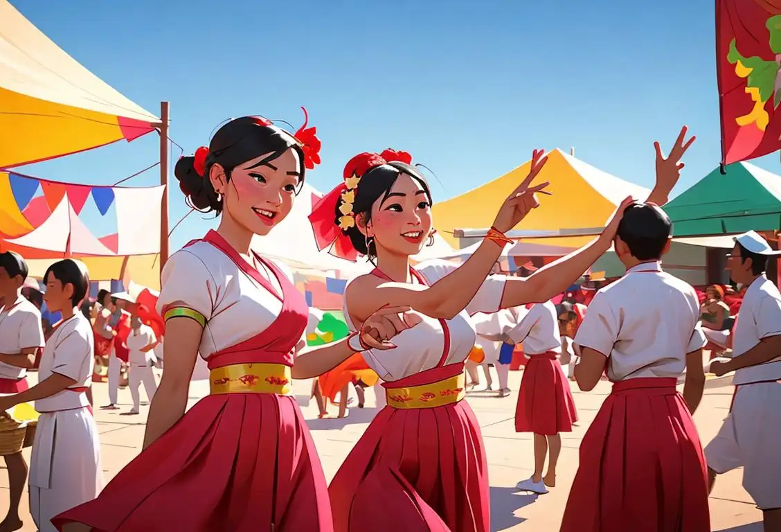 People of diverse cultures, dressed in vibrant traditional clothing, gathering together in a picturesque setting, celebrating National Festival Day with music and dance..